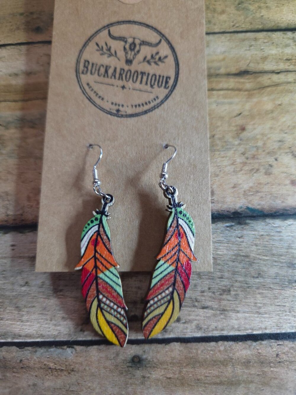 Western Colorful Feather Earrings Boho Rodeo Wooden Dangle Jewelry